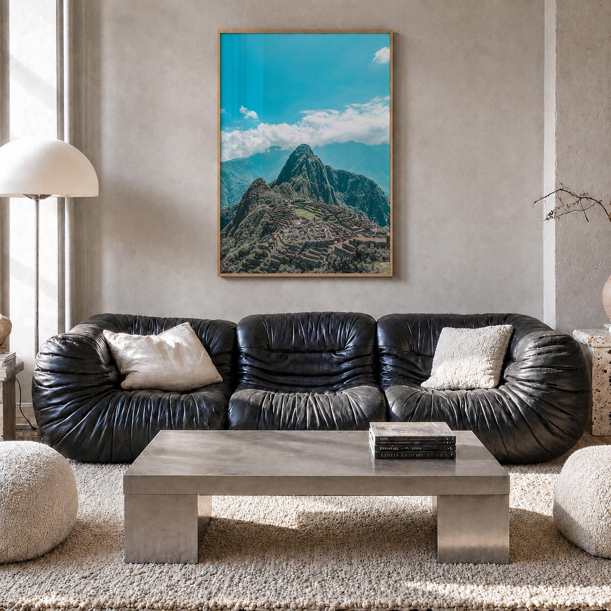 Machu Picchu no. 2 colorful photo poster of Peru – vertical wall art in natural wood frame, hanging on wall