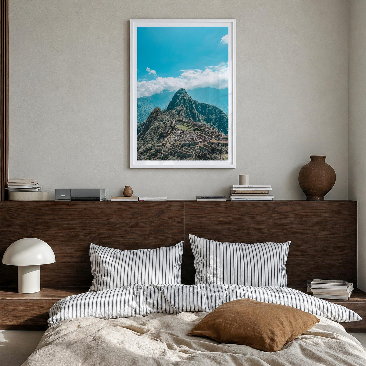 Machu Picchu no. 2 colorful photo poster of Peru – vertical wall art in white wood frame with white border, hanging on wall