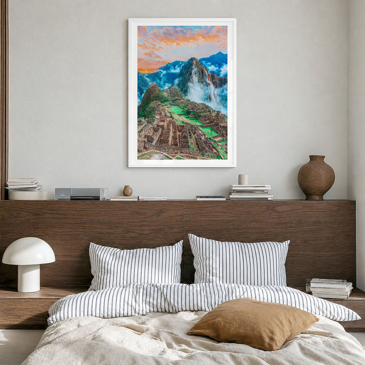 Machu Picchu Photo No 1 Poster in a white wood frame, hanging in a bedroom, white border