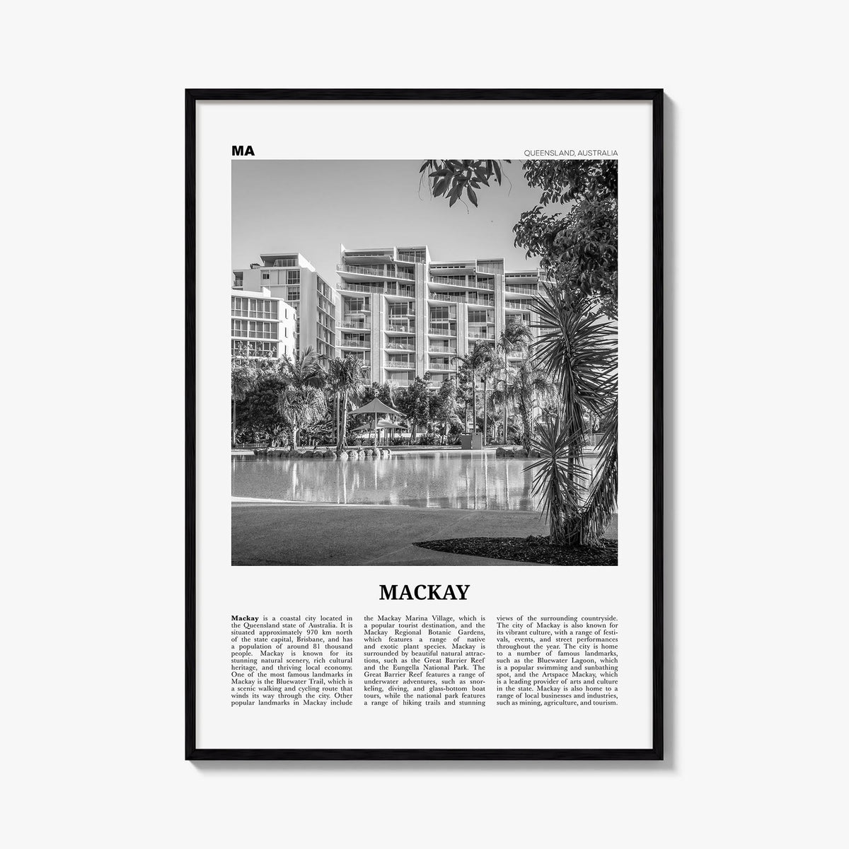 Mackay black & white newspaper poster of Australia – vertical wall art, unframed print shown in interior mockup