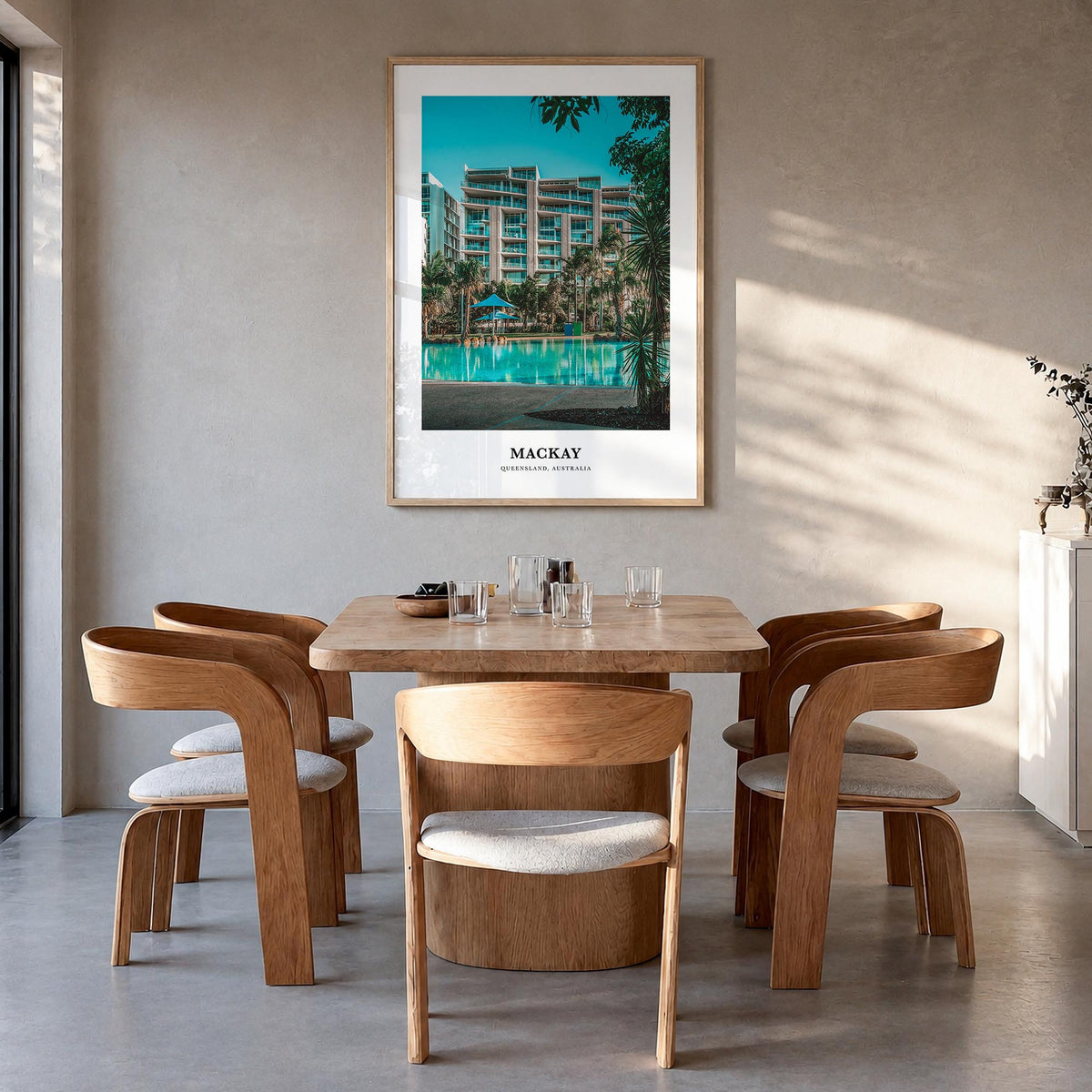 Mackay colorful classic poster of Australia – vertical wall art in natural wood frame, hanging on wall