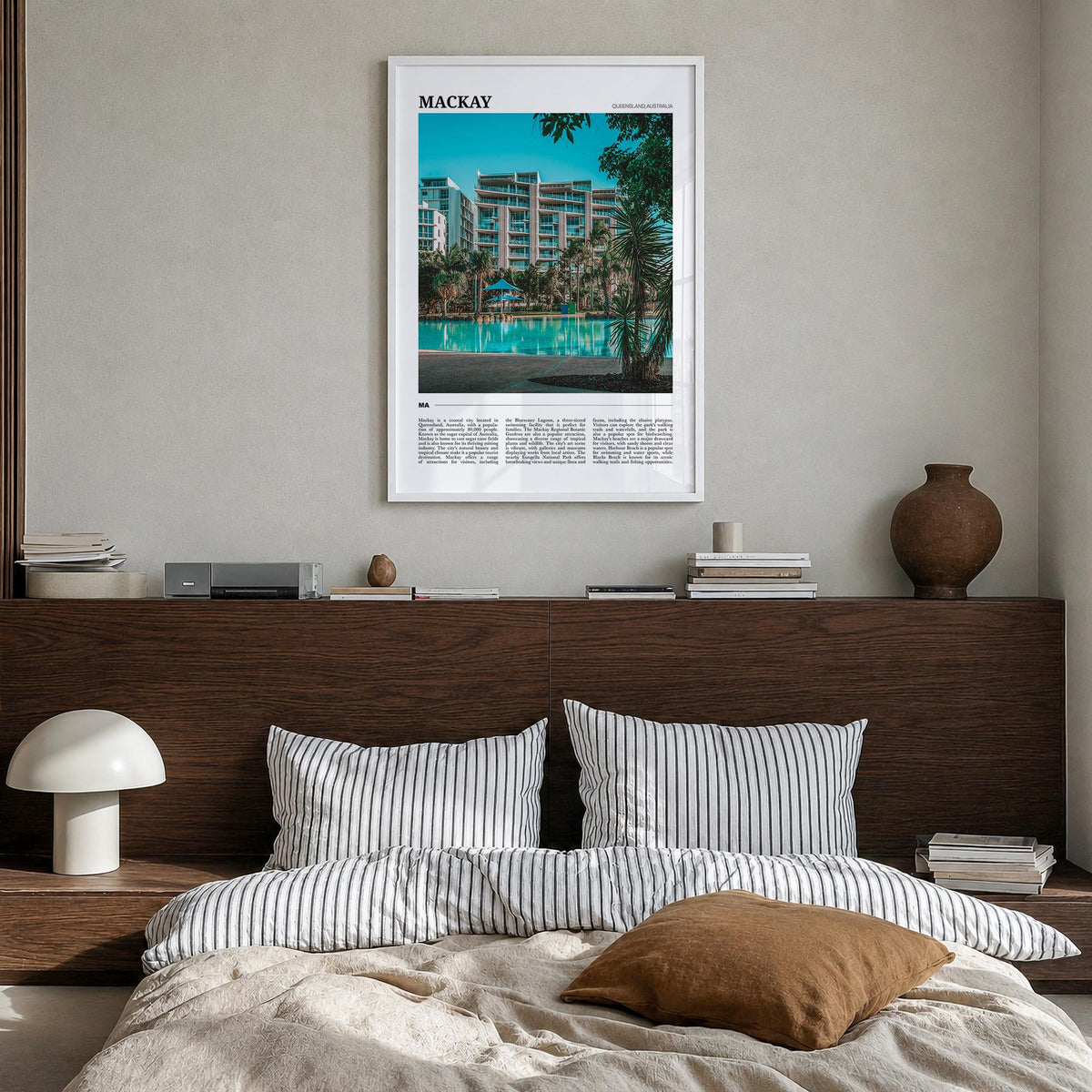 Mackay colorful travel poster of Australia – vertical wall art in white wood frame, hanging on wall