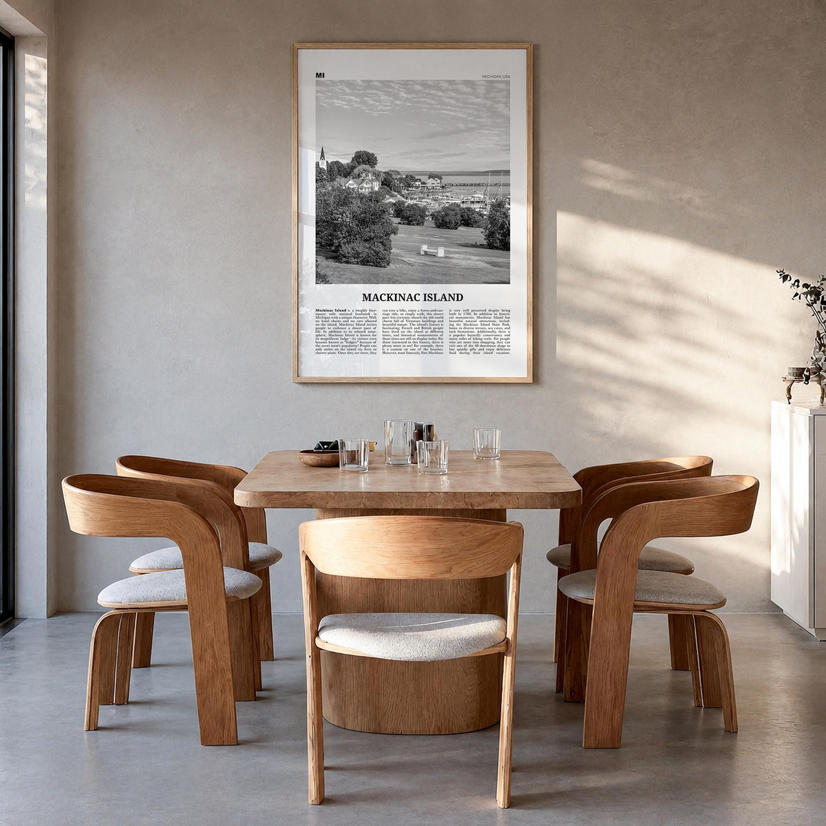Mackinac Island black & white newspaper poster of Michigan, USA – vertical wall art in natural wood frame, hanging on wall
