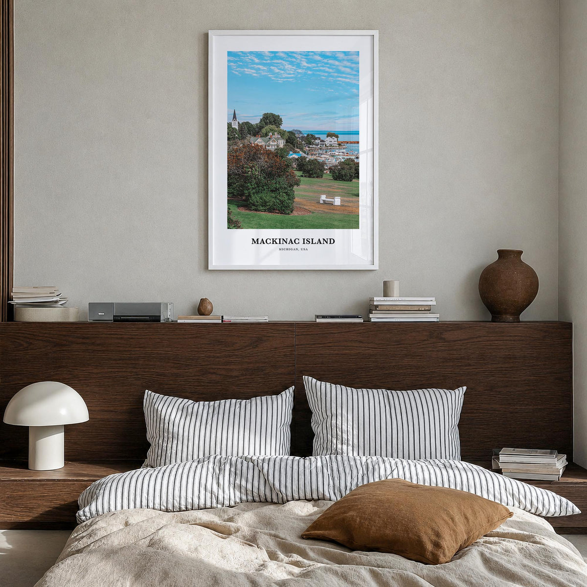 Mackinac Island colorful classic poster of Michigan, USA – vertical wall art in white wood frame, hanging on wall