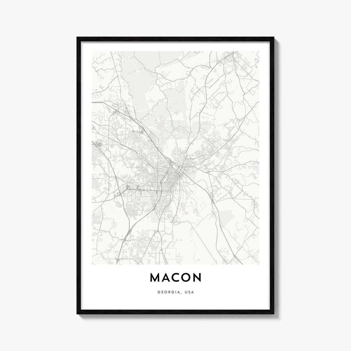 Macon black & white map poster of Georgia, USA – vertical wall art, unframed print shown in interior mockup