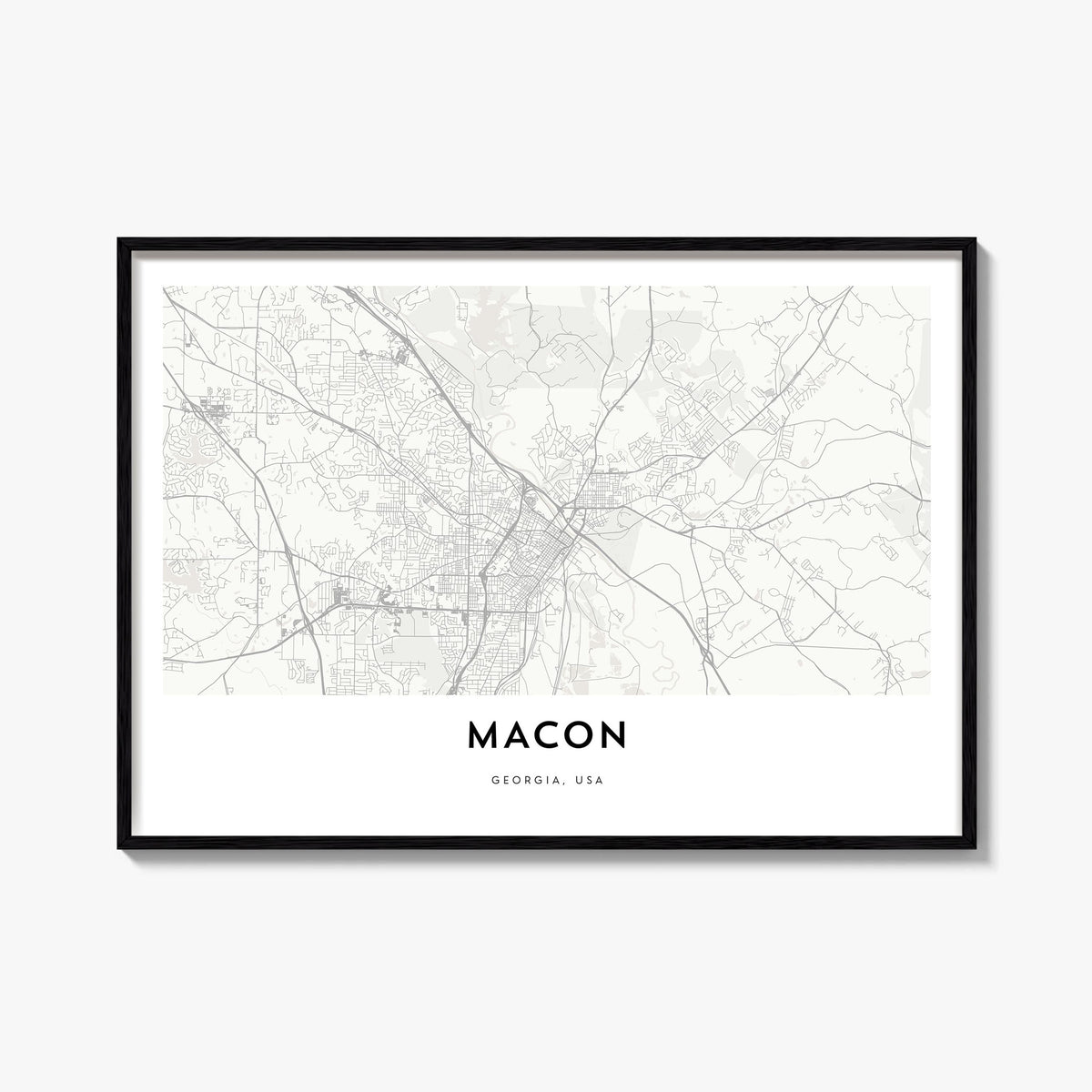 Macon black & white map poster of Georgia, USA – horizontal wall art, unframed print shown in interior mockup