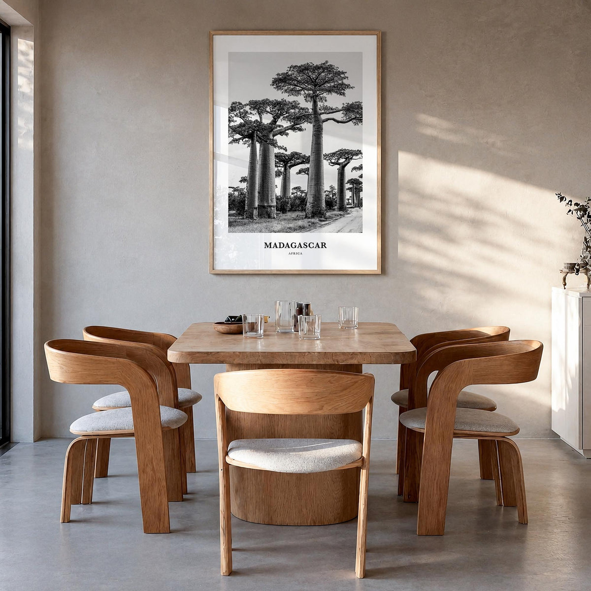 Madagascar black & white classic poster of Africa – vertical wall art in natural wood frame, hanging on wall