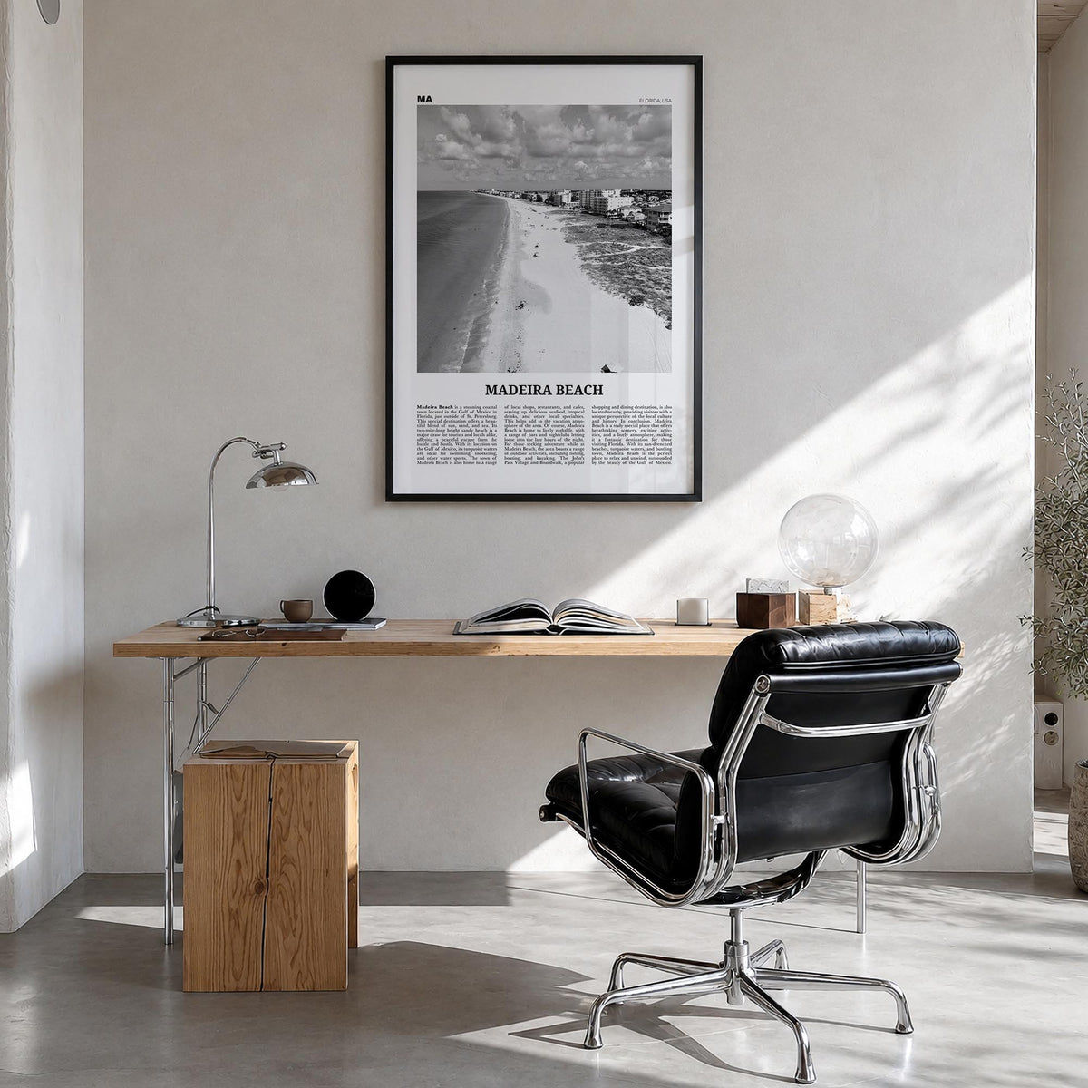 Madeira Beach black & white newspaper poster of Florida, USA – vertical wall art in black wood frame, hanging on wall