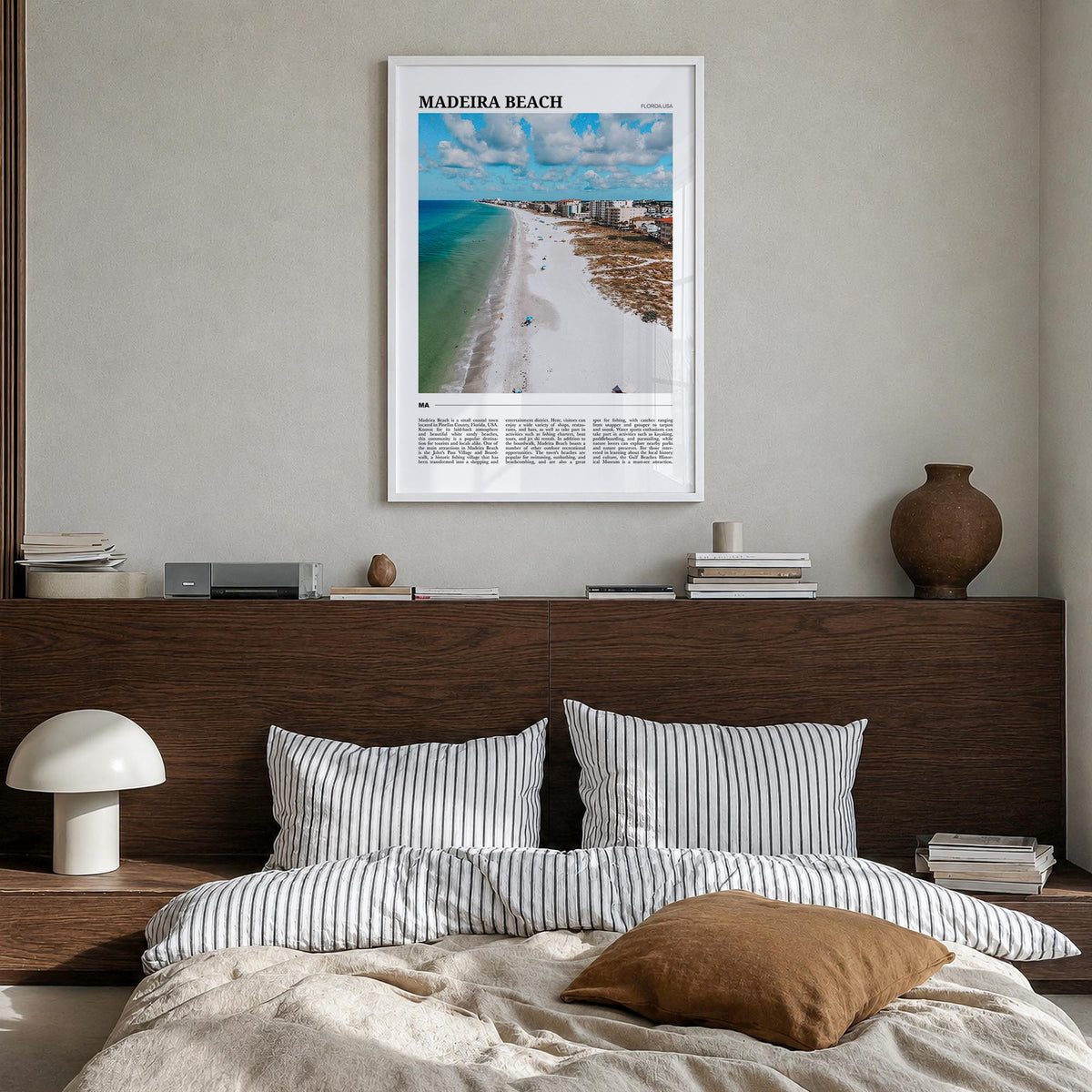 Madeira Beach colorful travel poster of Florida, USA – vertical wall art in white wood frame, hanging on wall