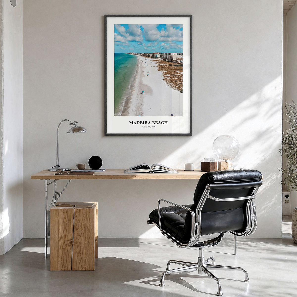 Madeira Beach Classic Poster in a black wood frame, hanging in a bright home office