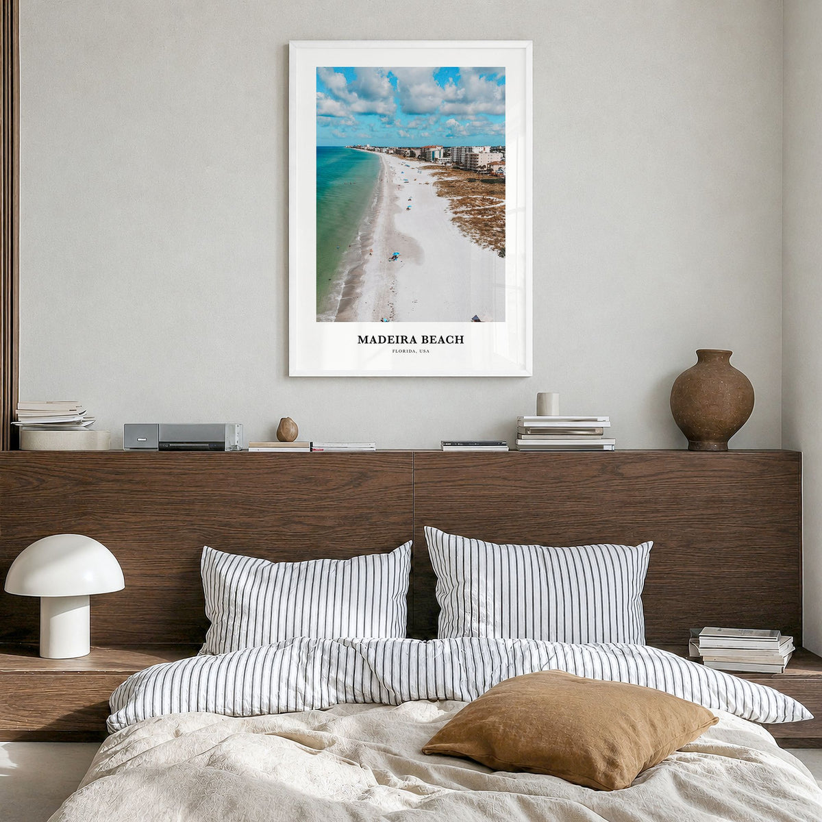 Madeira Beach Classic Poster in a white wood frame, hanging in a bedroom