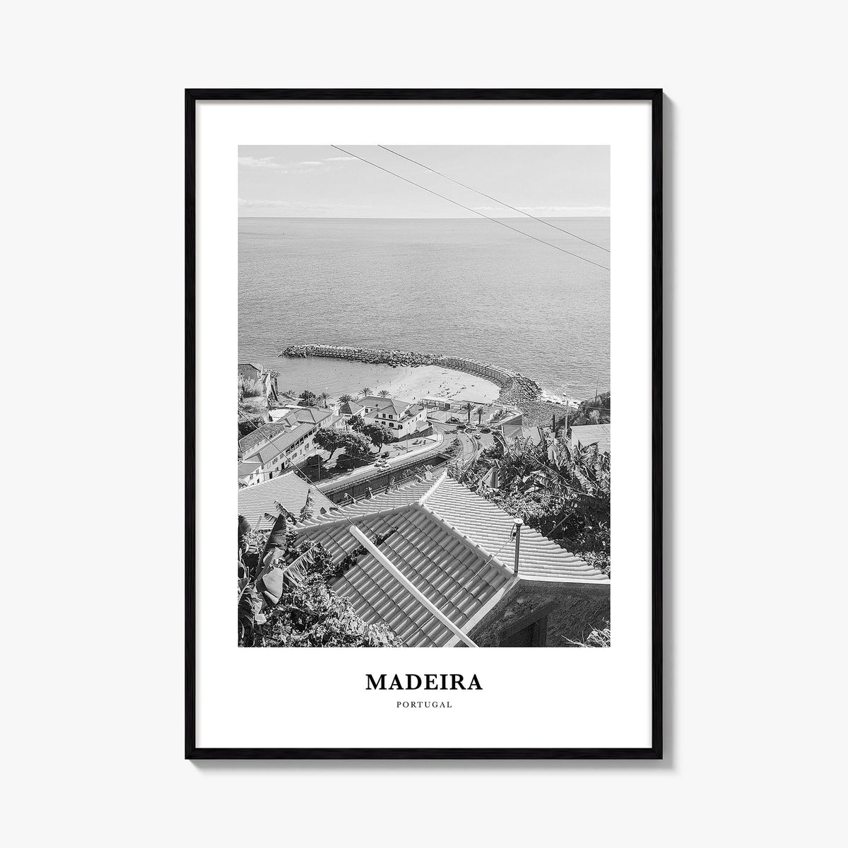 Madeira black & white classic poster of Portugal – vertical wall art, unframed print shown in interior mockup