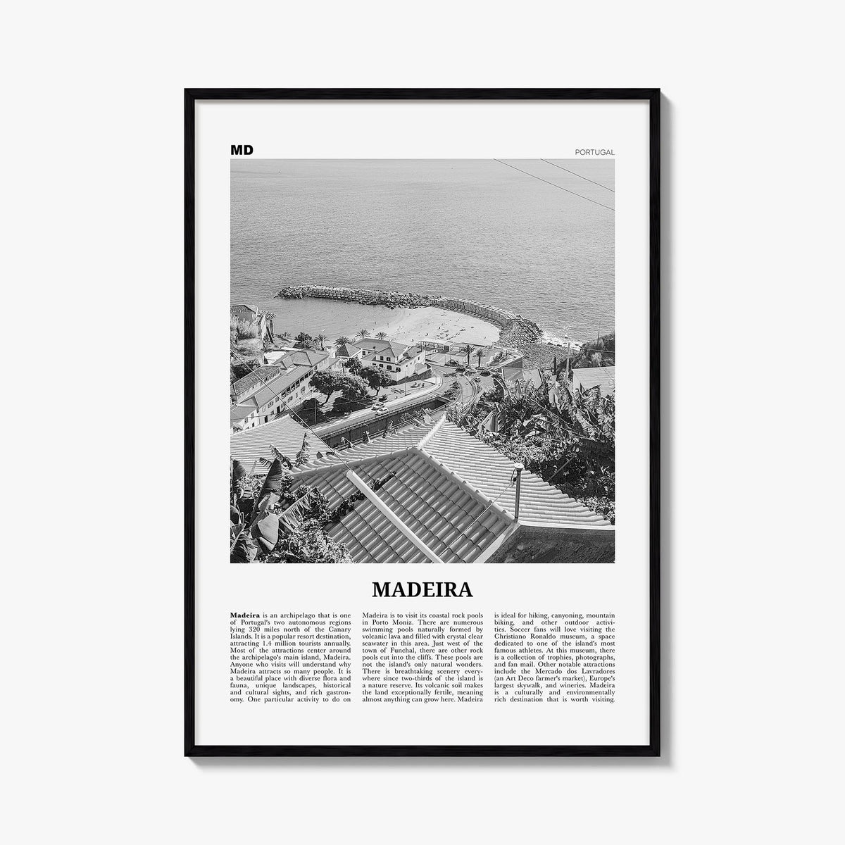 Madeira black & white newspaper poster of Portugal – vertical wall art, unframed print shown in interior mockup