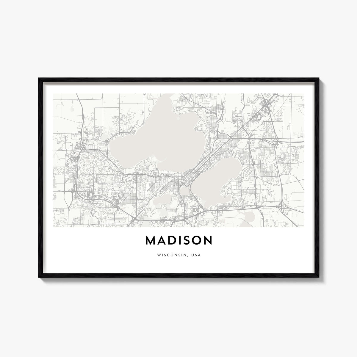 Madison black & white map poster of Wisconsin, USA – horizontal wall art, unframed print shown in interior mockup