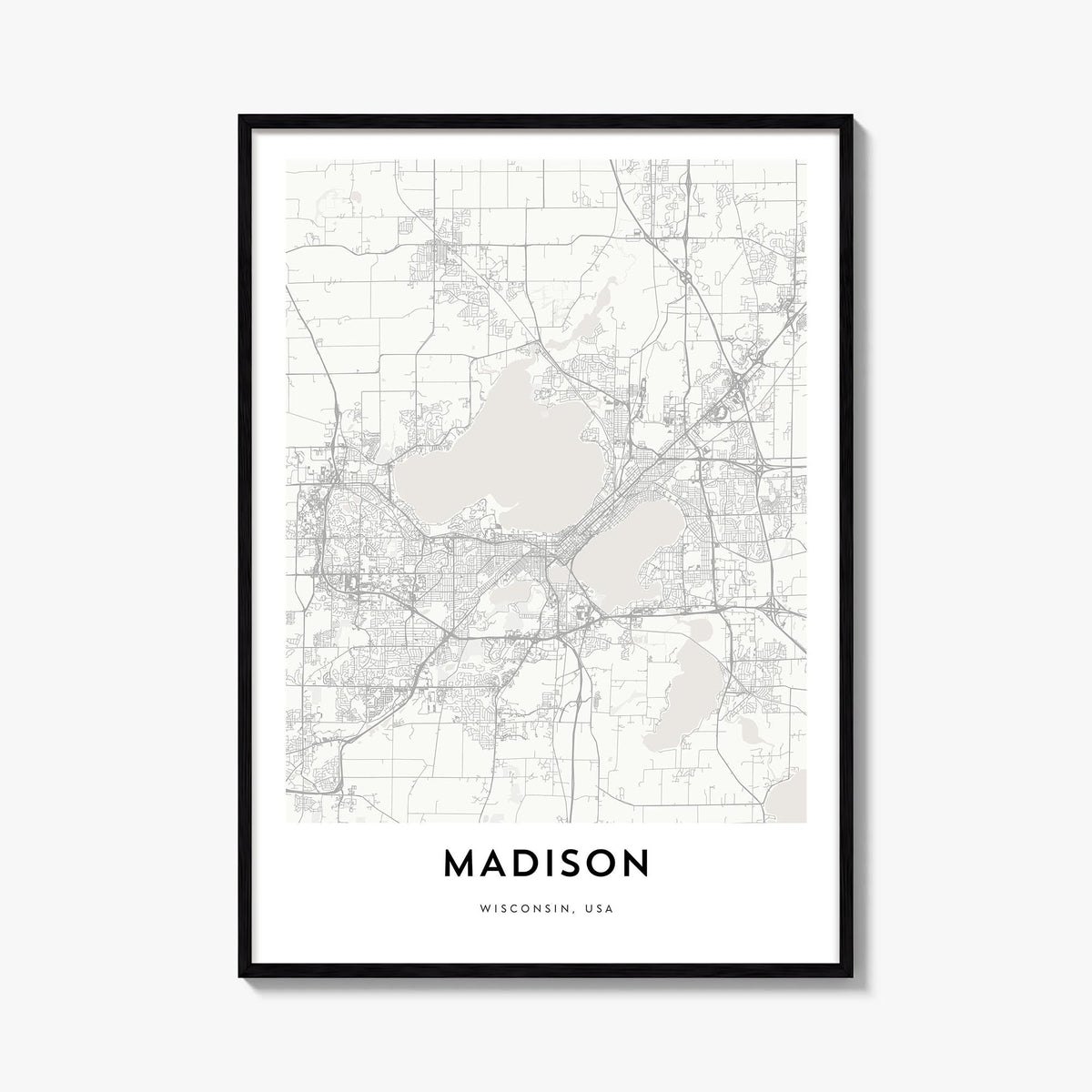 Madison black & white map poster of Wisconsin, USA – vertical wall art, unframed print shown in interior mockup