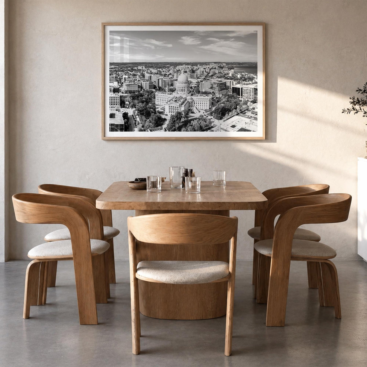 Madison black & white photo poster of Wisconsin, USA – horizontal wall art in natural wood frame with white border, hanging o