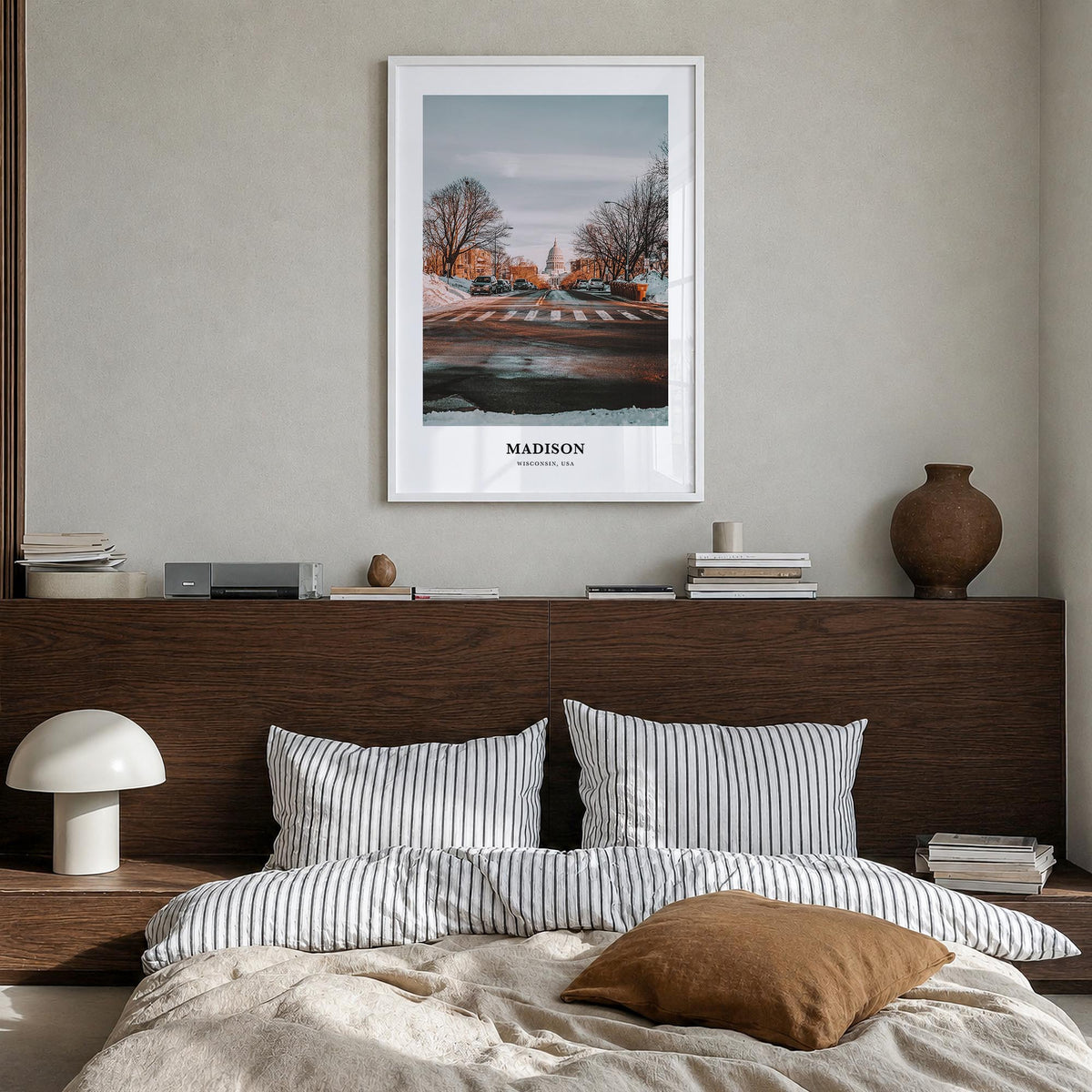 Madison colorful classic poster of Wisconsin, USA – vertical wall art in white wood frame, hanging on wall