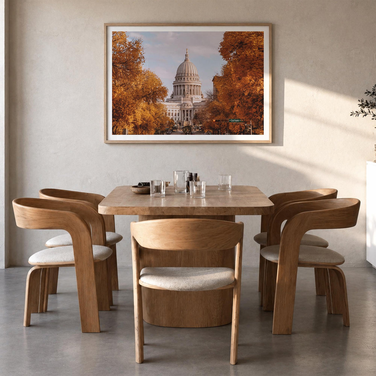 Madison colorful photo poster of Wisconsin, USA – horizontal wall art in natural wood frame with white border, hanging on wal