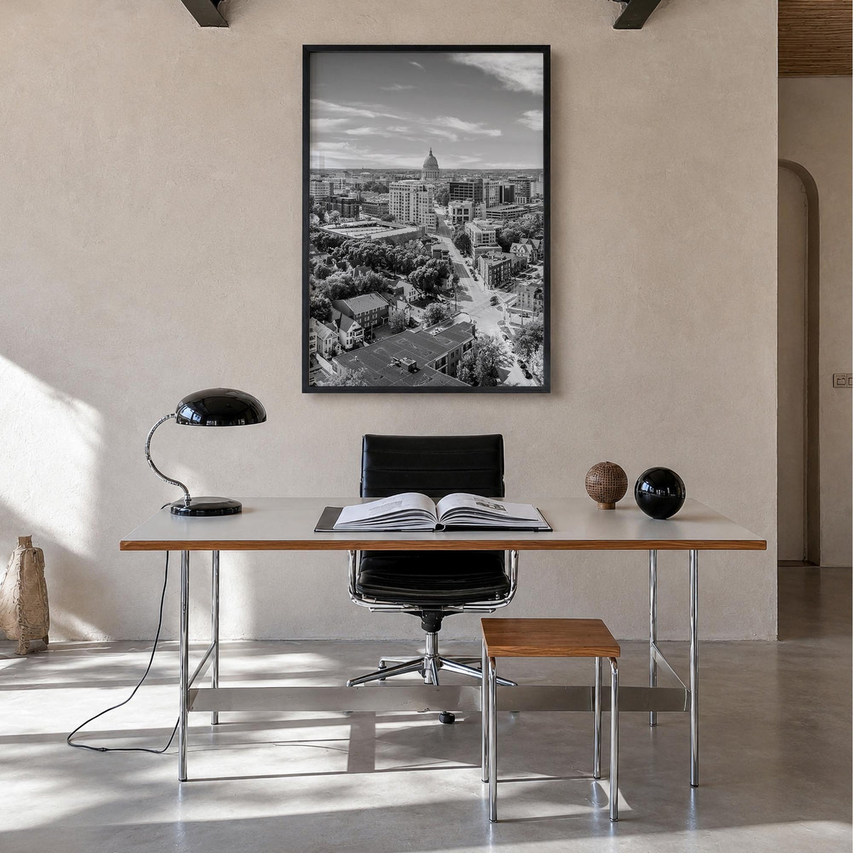 Madison no. 1 black & white photo poster of Wisconsin, USA – vertical wall art in black wood frame, hanging on wall