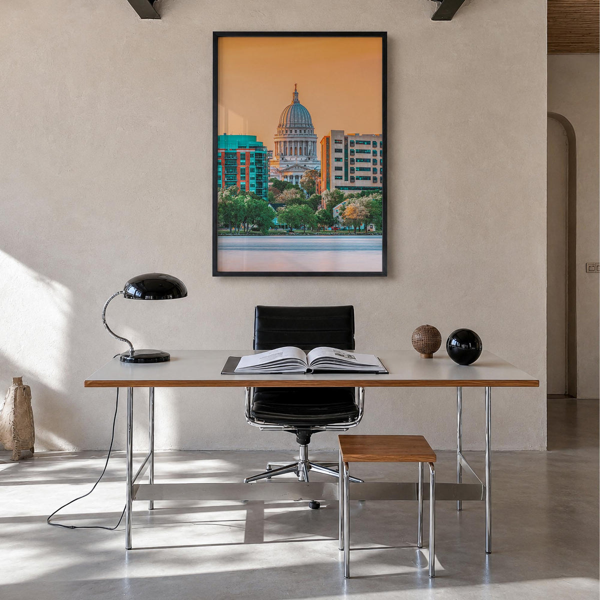 Madison no. 1 colorful photo poster of Wisconsin, USA – vertical wall art in black wood frame, hanging on wall