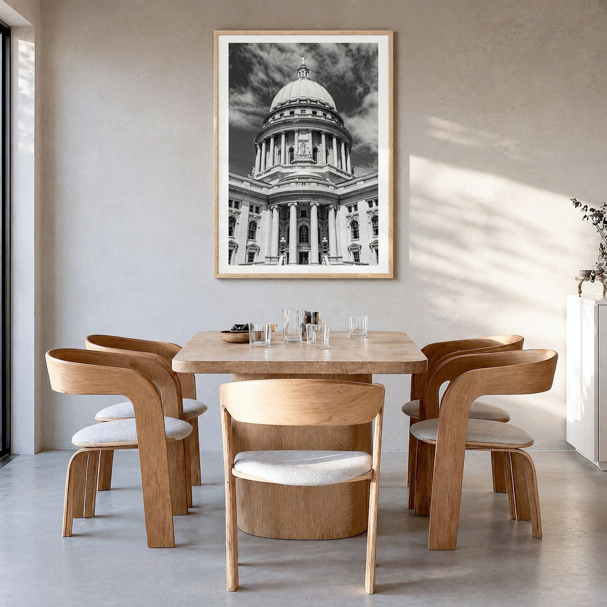 Madison Photo No 2 Poster in a natural wood frame, hanging in a dining room, white border