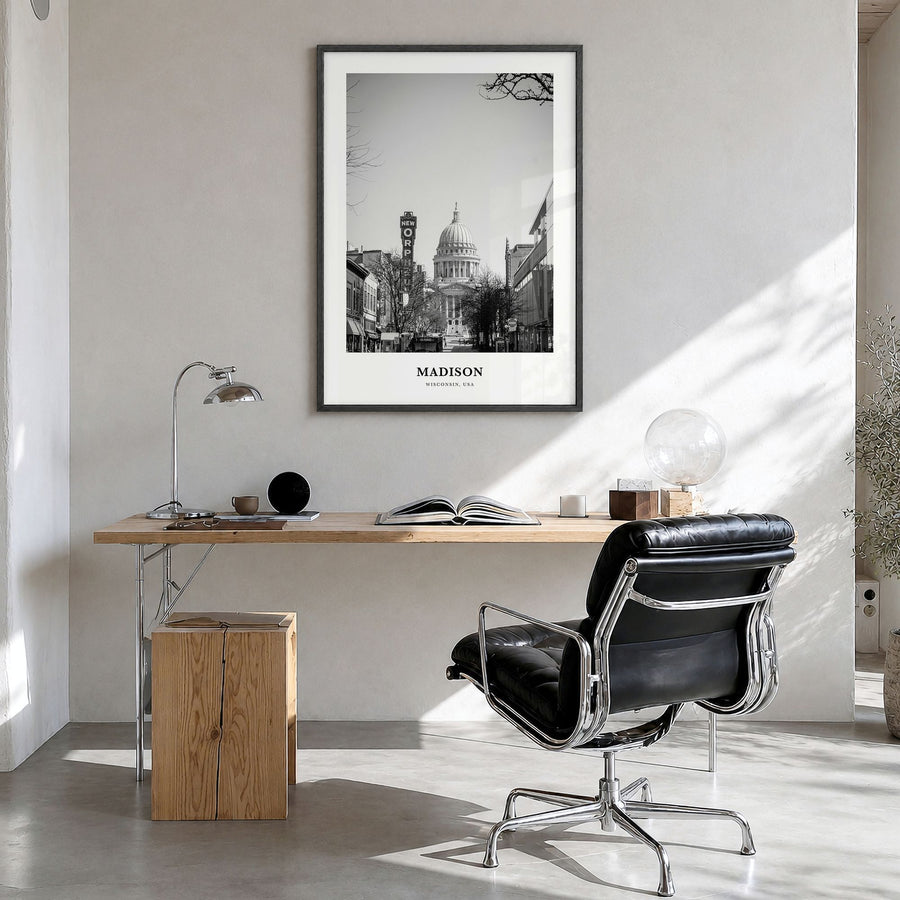 Madison Classic No 2 Poster in a black wood frame, hanging in a bright home office