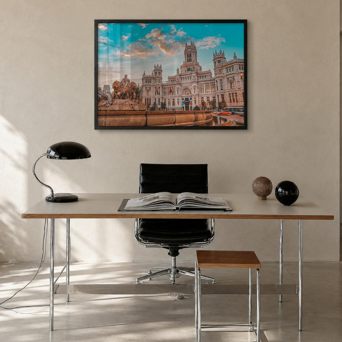 Madrid colorful photo poster of Spain – horizontal wall art in black wood frame, hanging on wall