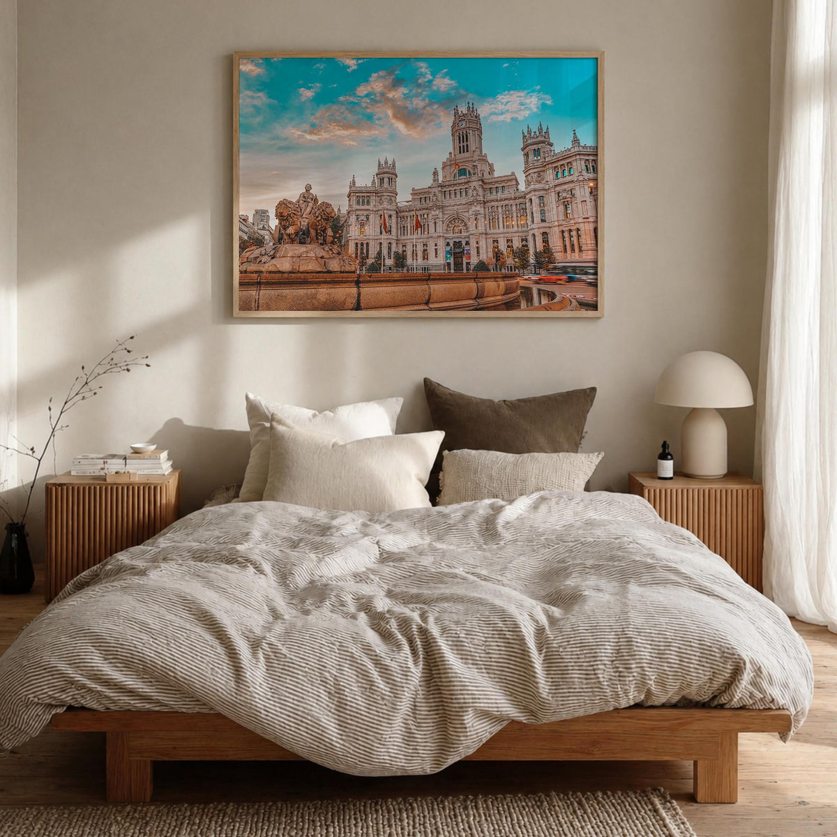 Madrid colorful photo poster of Spain – horizontal wall art in natural wood frame, hanging on wall