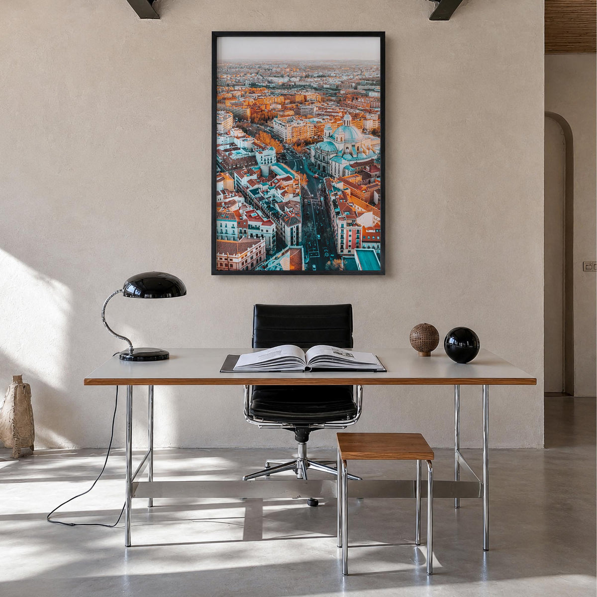 Madrid no. 1 colorful photo poster of Spain – vertical wall art in black wood frame, hanging on wall