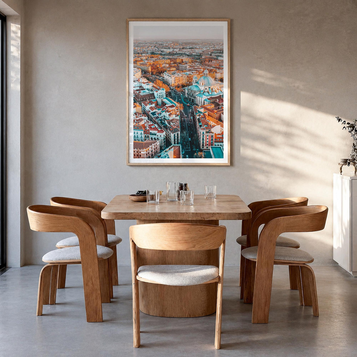 Madrid no. 1 colorful photo poster of Spain – vertical wall art in natural wood frame with white border, hanging on wall