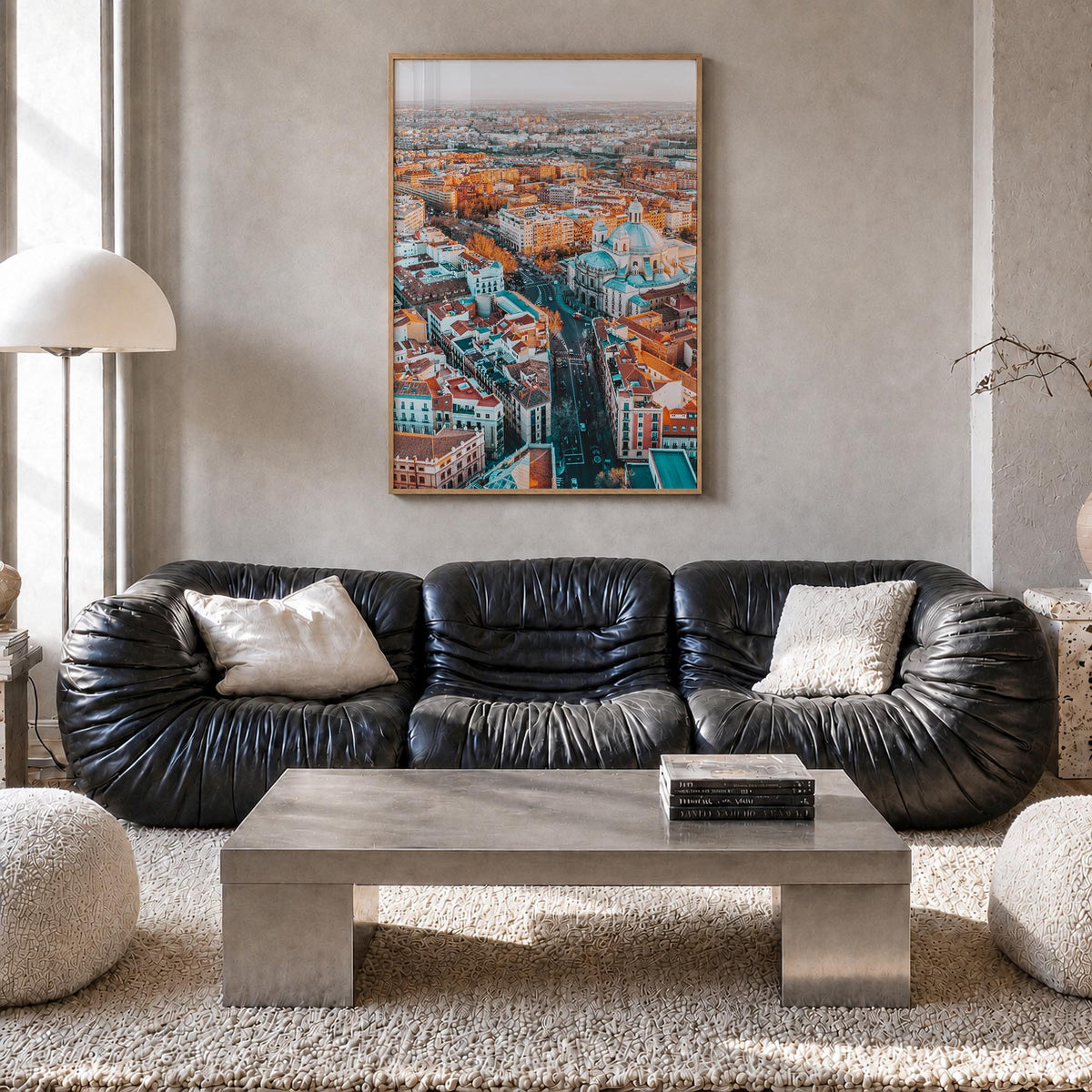 Madrid no. 1 colorful photo poster of Spain – vertical wall art in natural wood frame, hanging on wall