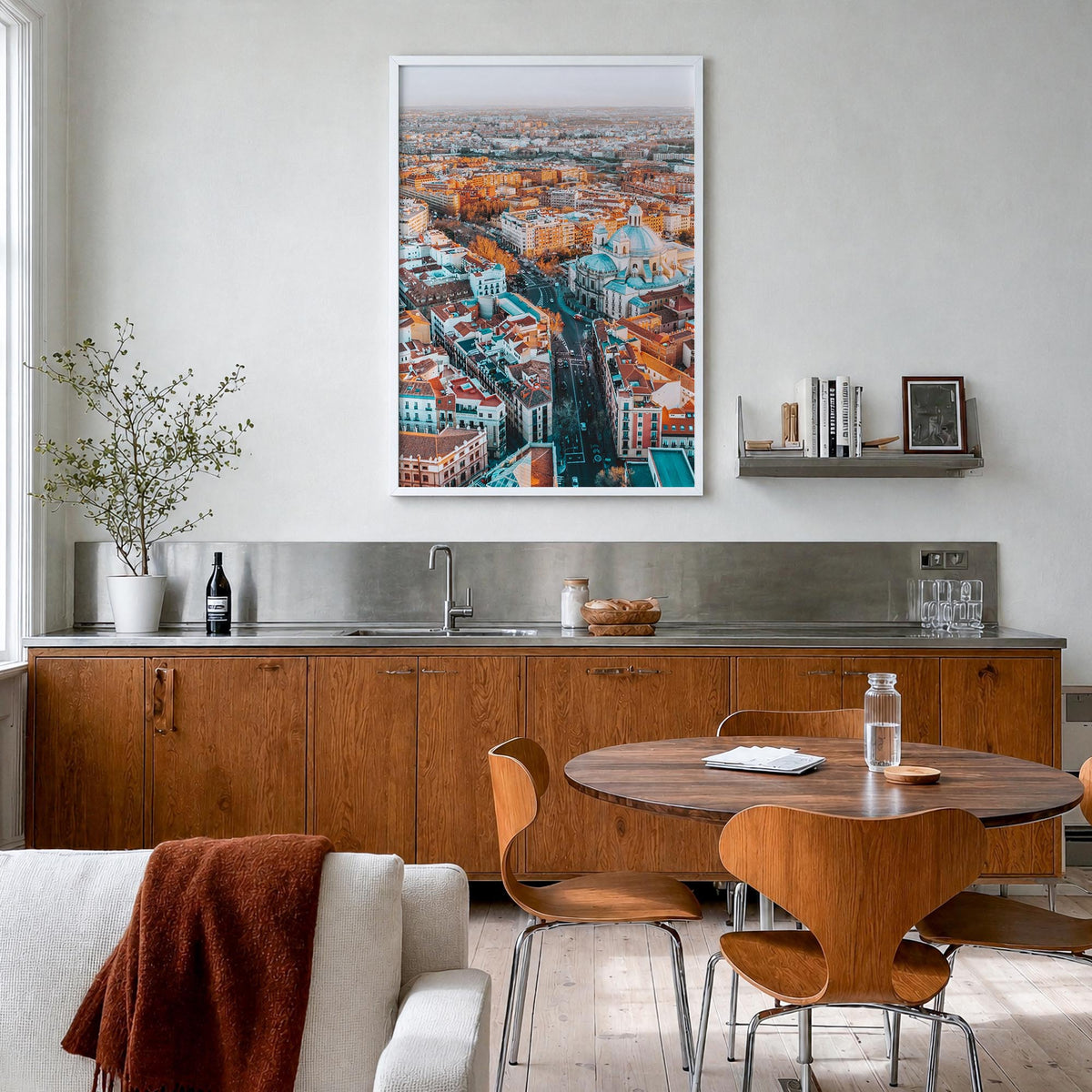 Madrid no. 1 colorful photo poster of Spain – vertical wall art in white wood frame, hanging on wall