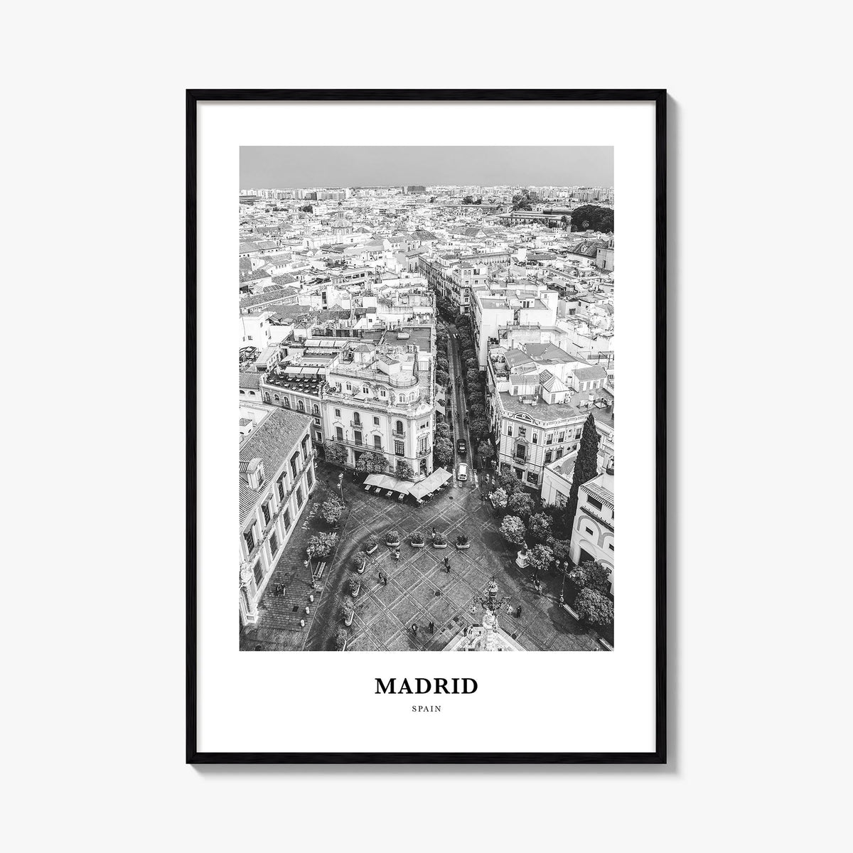 Madrid no. 2 black & white classic poster of Spain – vertical wall art, unframed print shown in interior mockup