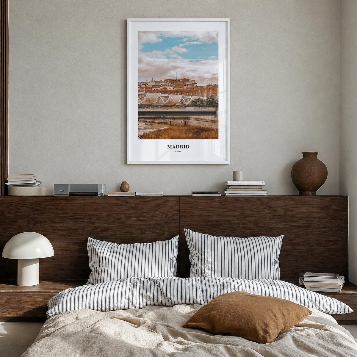 Madrid no. 2 colorful classic poster of Spain – vertical wall art in white wood frame, hanging on wall