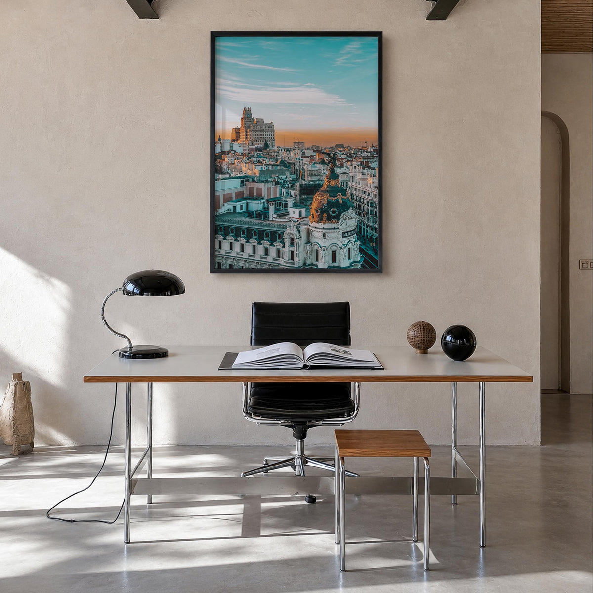Madrid no. 2 colorful photo poster of Spain – vertical wall art in black wood frame, hanging on wall