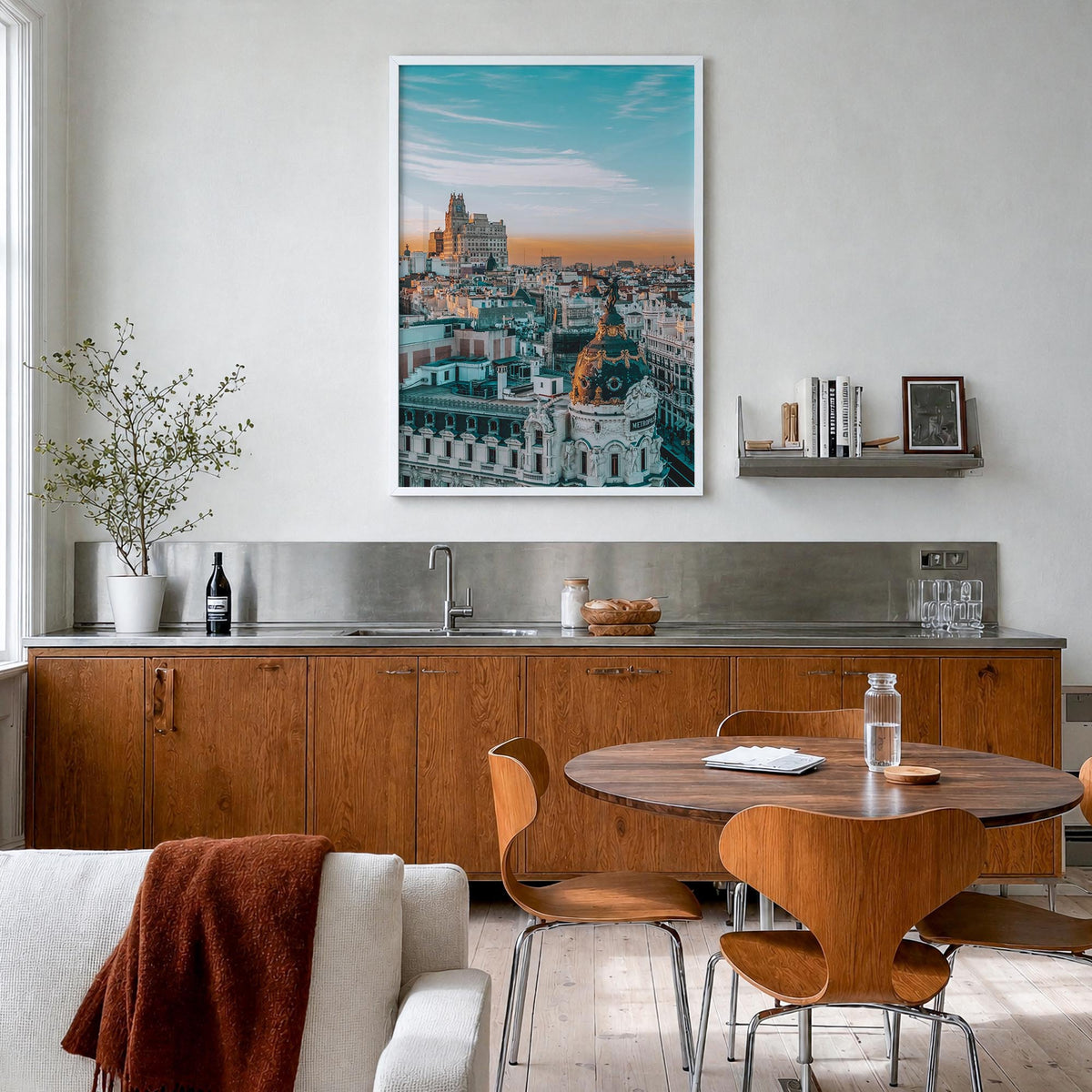 Madrid no. 2 colorful photo poster of Spain – vertical wall art in white wood frame, hanging on wall