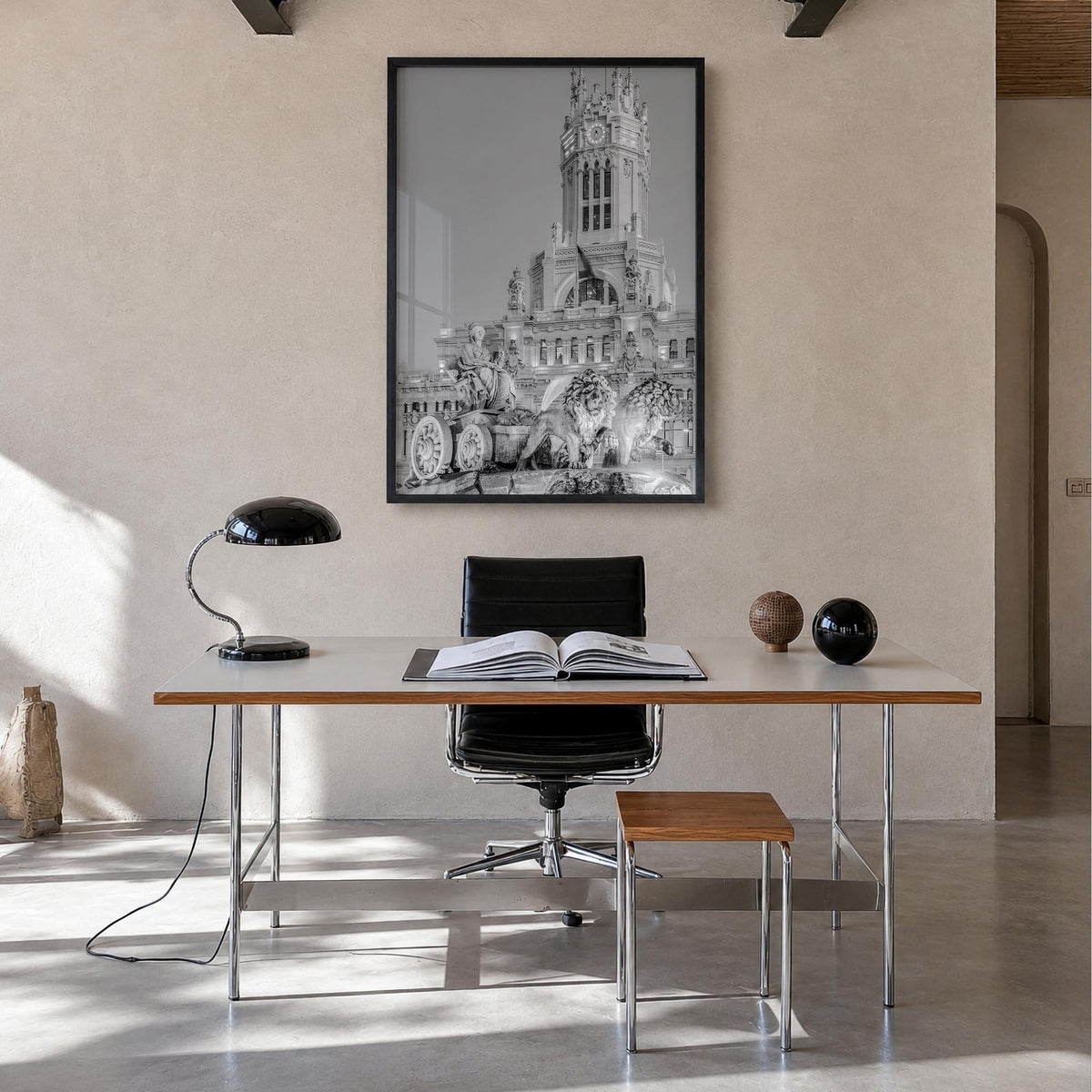 Madrid no. 3 black & white photo poster of Spain – vertical wall art in black wood frame, hanging on wall