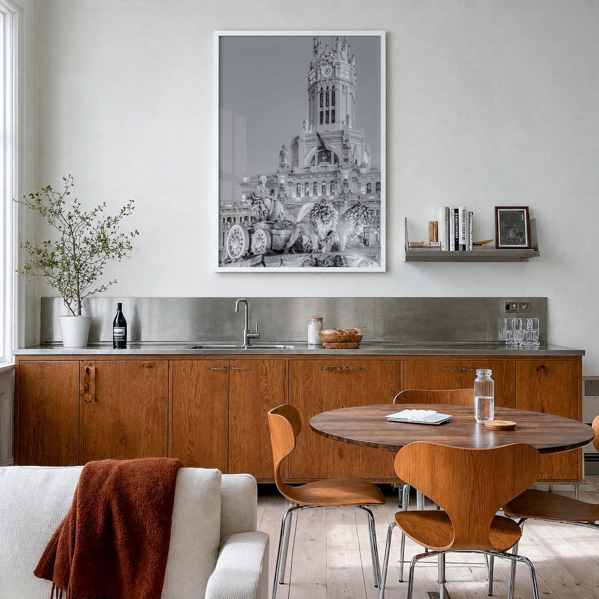 Madrid no. 3 black & white photo poster of Spain – vertical wall art in white wood frame, hanging on wall