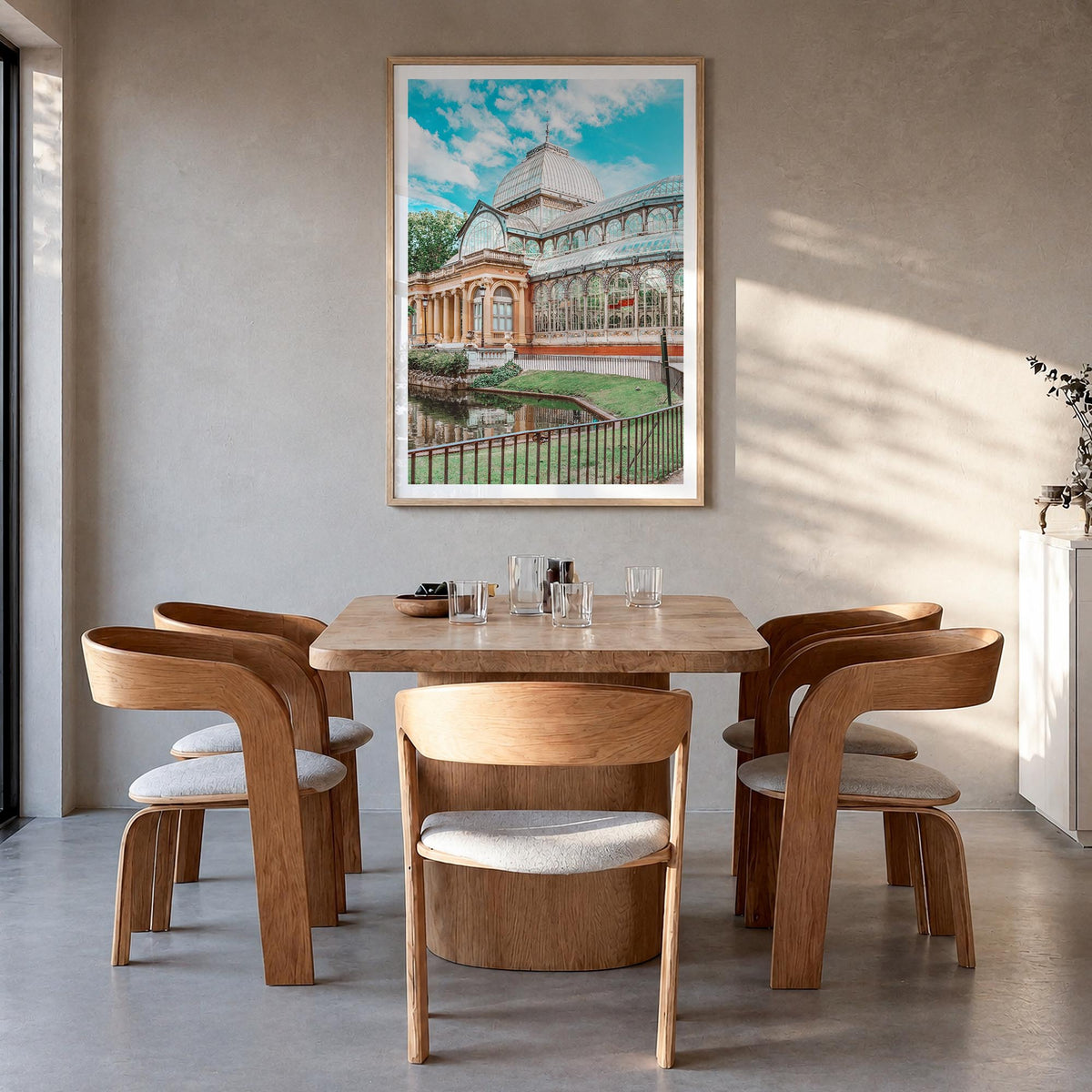 Madrid no. 3 colorful photo poster of Spain – vertical wall art in natural wood frame with white border, hanging on wall