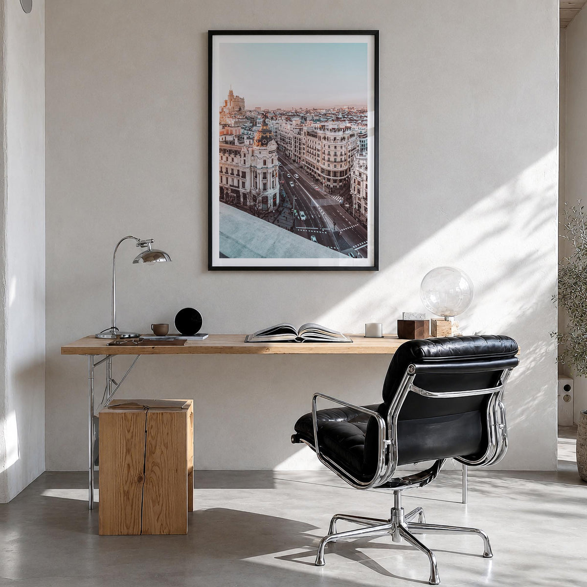 Madrid no. 4 colorful photo poster of Spain – vertical wall art in black wood frame with white border, hanging on wall