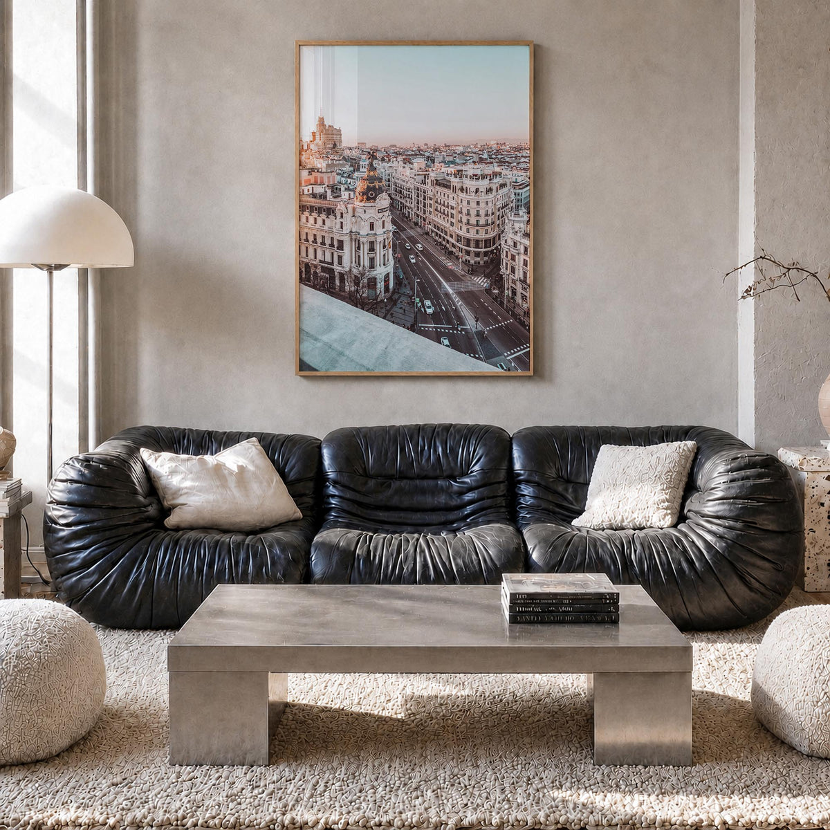Madrid no. 4 colorful photo poster of Spain – vertical wall art in natural wood frame, hanging on wall