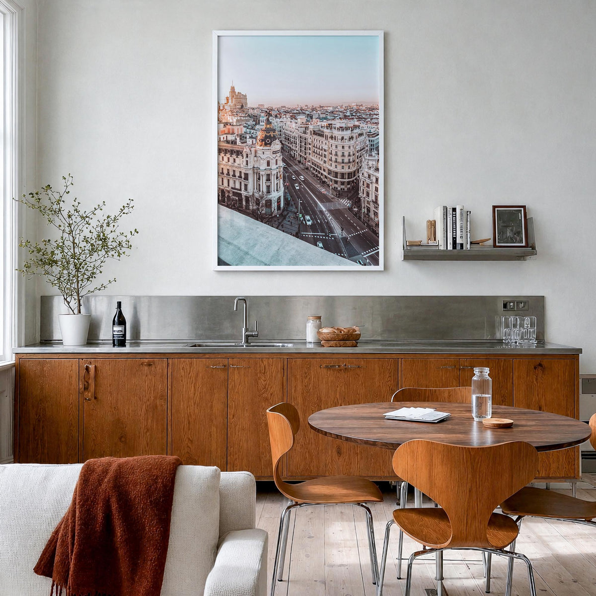 Madrid no. 4 colorful photo poster of Spain – vertical wall art in white wood frame, hanging on wall