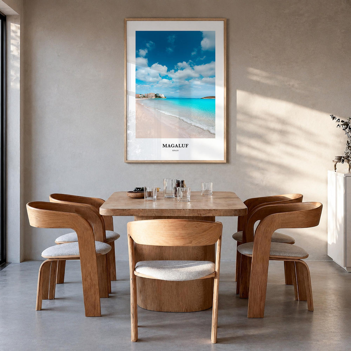 Magaluf colorful classic poster of Spain – vertical wall art in natural wood frame, hanging on wall