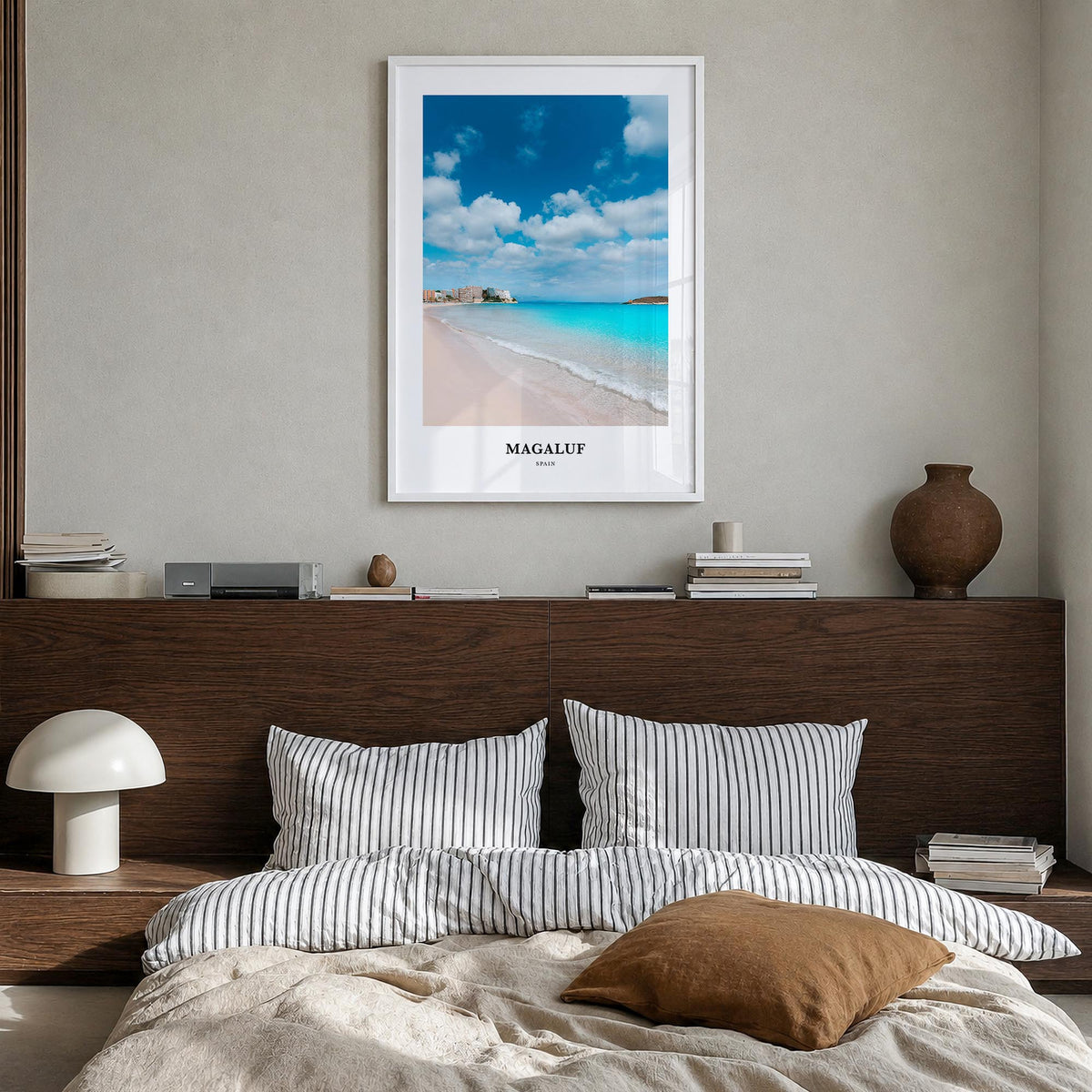 Magaluf colorful classic poster of Spain – vertical wall art in white wood frame, hanging on wall