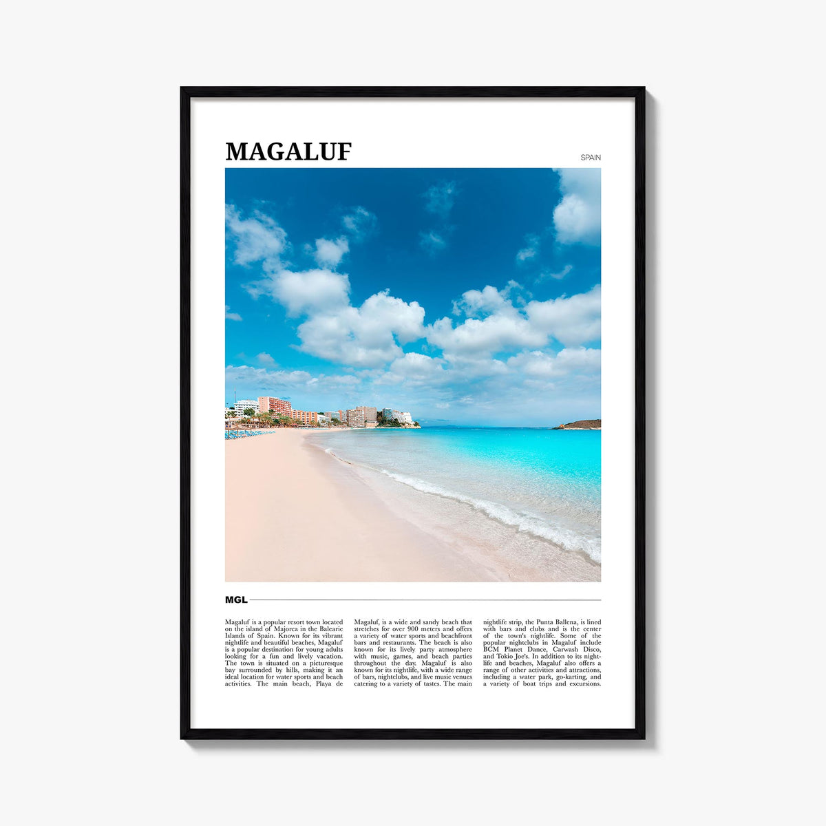 Magaluf colorful travel poster of Spain – vertical wall art, unframed print shown in interior mockup