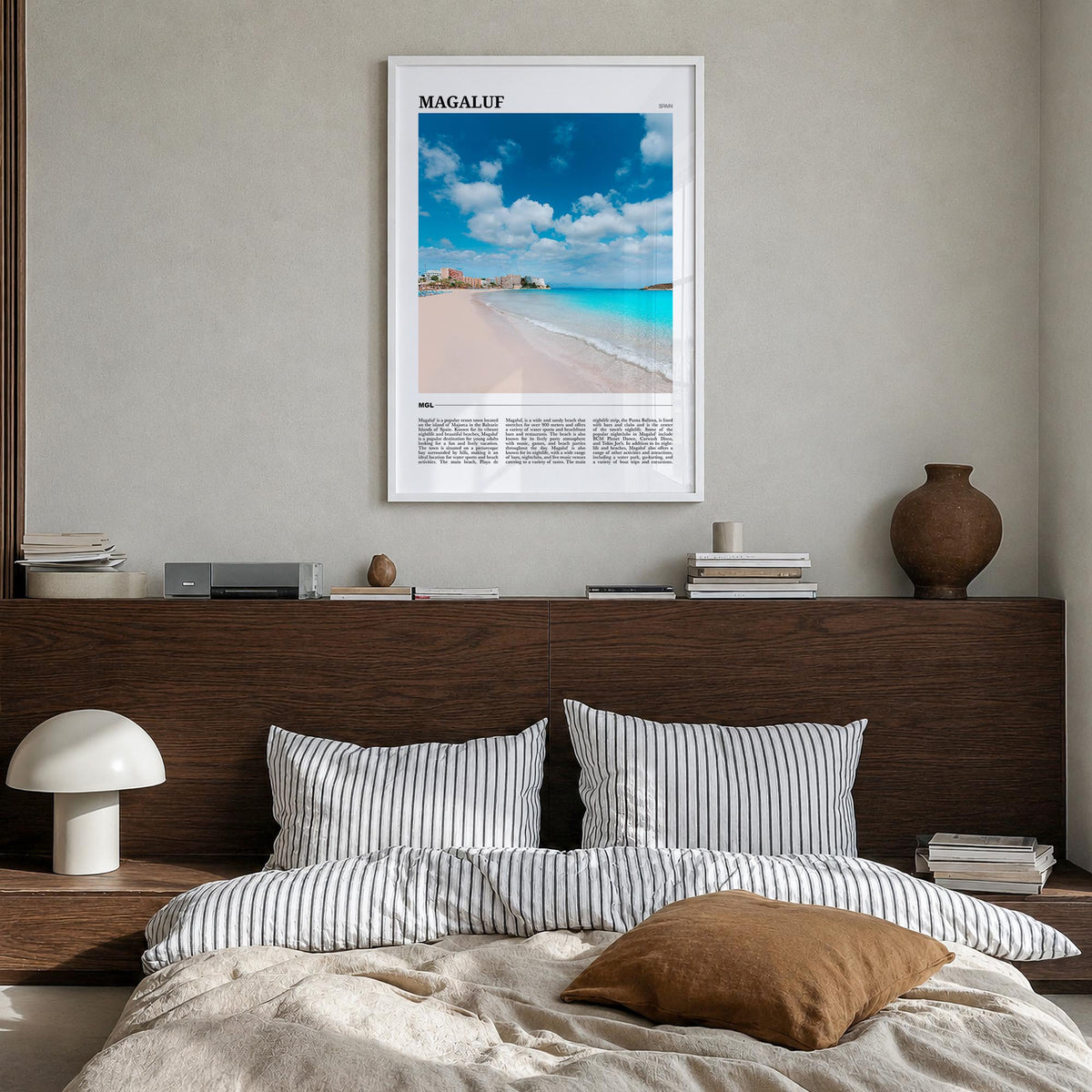 Magaluf colorful travel poster of Spain – vertical wall art in white wood frame, hanging on wall