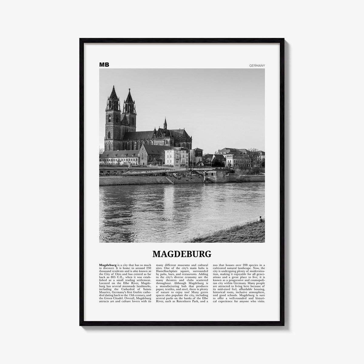 Magdeburg black & white newspaper poster of Germany – vertical wall art, unframed print shown in interior mockup