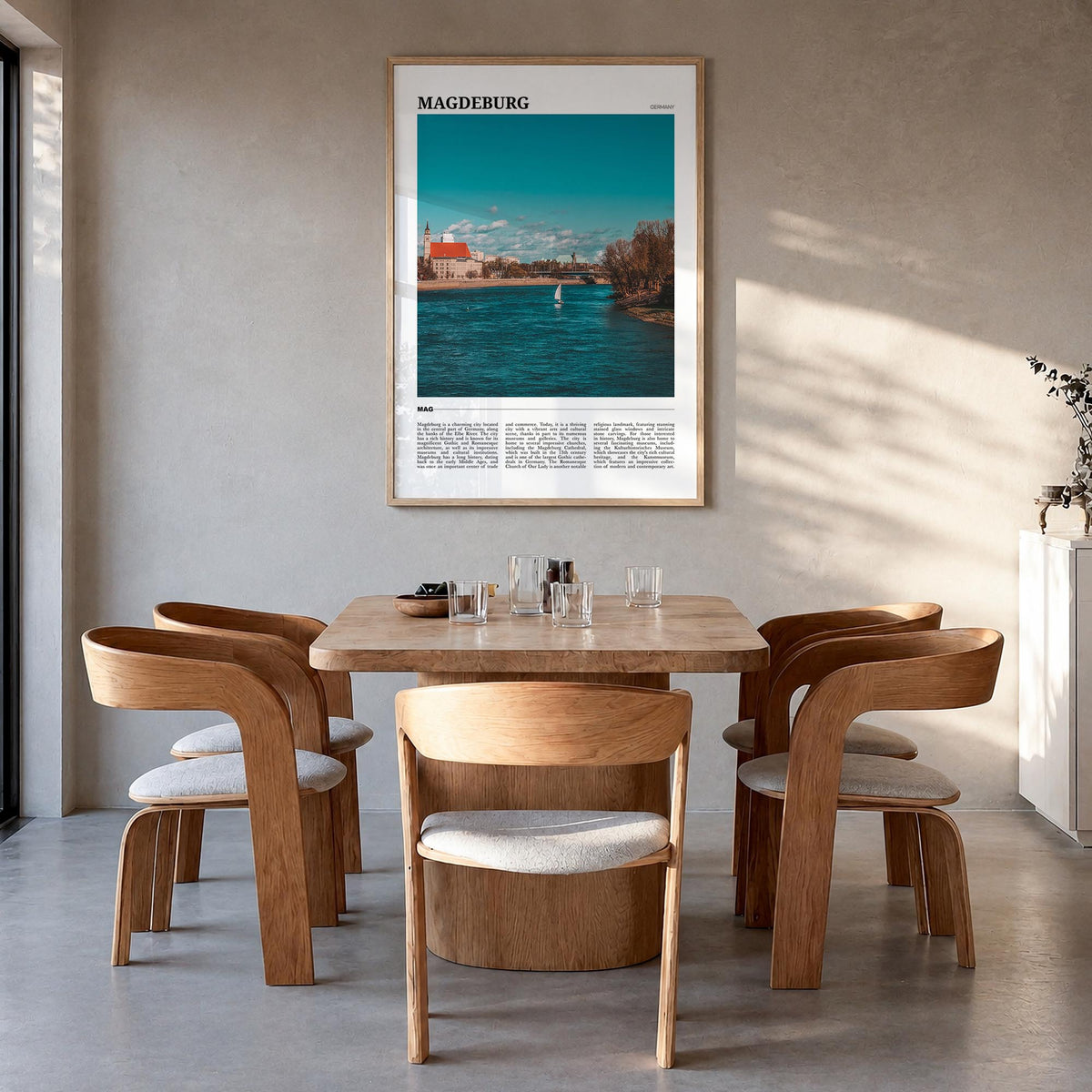 Magdeburg no. 1 colorful travel poster of Germany – vertical wall art in natural wood frame, hanging on wall