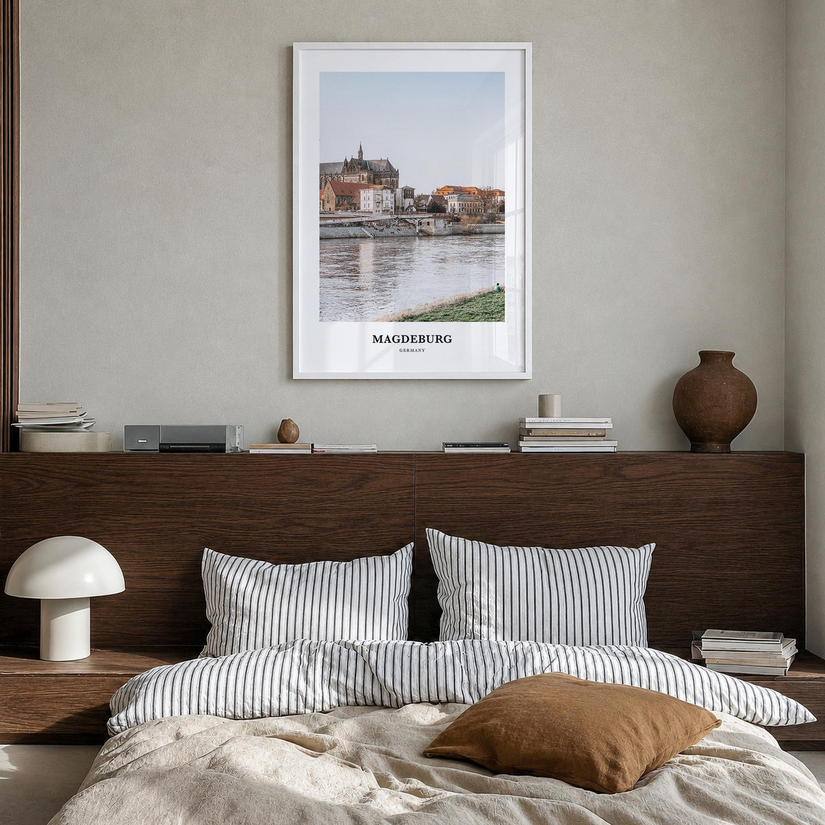 Magdeburg no. 2 colorful classic poster of Germany – vertical wall art in white wood frame, hanging on wall