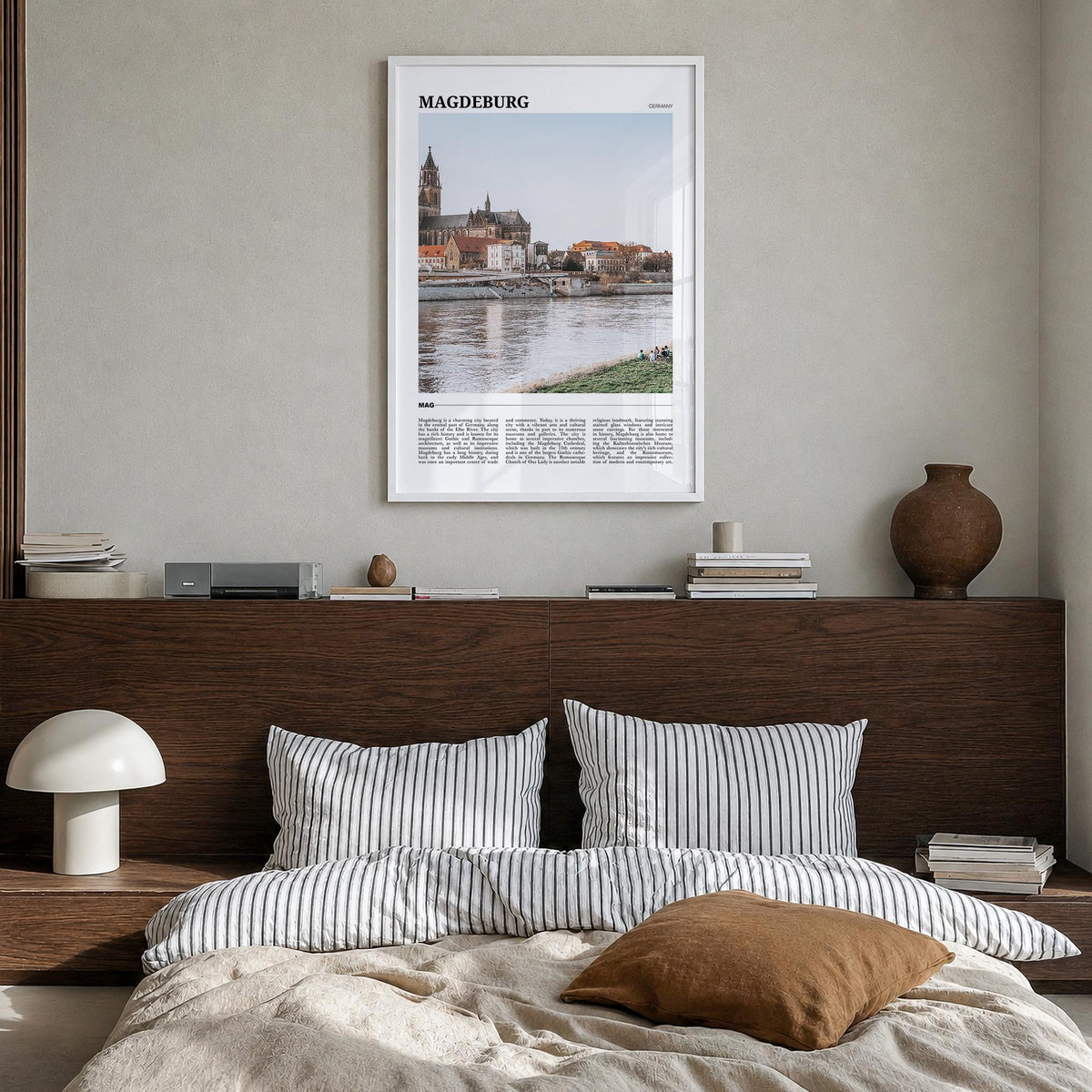 Magdeburg no. 2 colorful travel poster of Germany – vertical wall art in white wood frame, hanging on wall